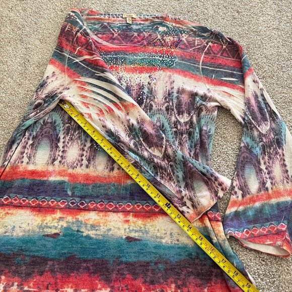 Y2K Boho Chic Embroidered Artsy Multicolor Rhinestone Stretchy Top - Picture 8 of 9